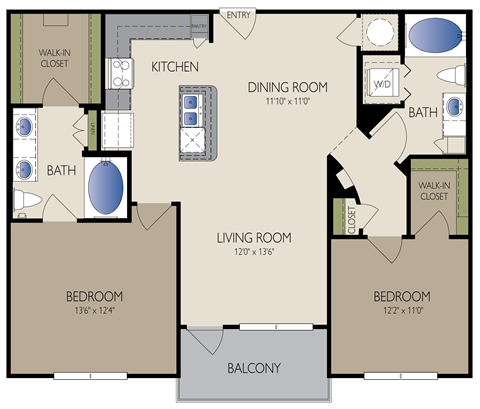 Floor plan for 2 beds, 2 baths, 1092 sqft